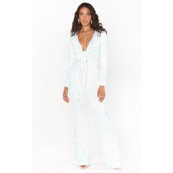 Show Me Your Mumu Martina Wrap Jumpsuit in White Sparkle Sequin XS NWT - Picture 8 of 10